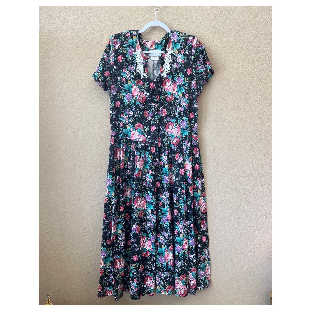 Vintage 80s Ms Conduct floral button front summer maxi dress size 16